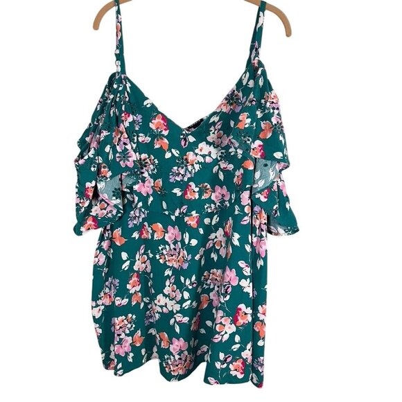 Torrid Floral Cold Shoulder Tank 5X Green Tropical Coastal Classic Chic Preppy - Picture 1 of 11